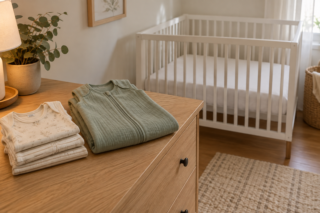 Folded green sleep bag beside an empty crib with a fitted sheet; illustrative nursery scene.