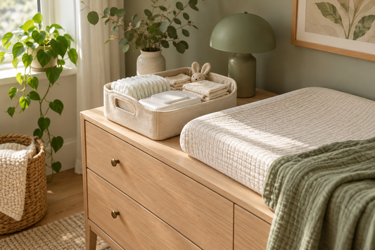 Ivory diaper organizer with diapers and folded cloths on a nursery dresser; illustrative scene.