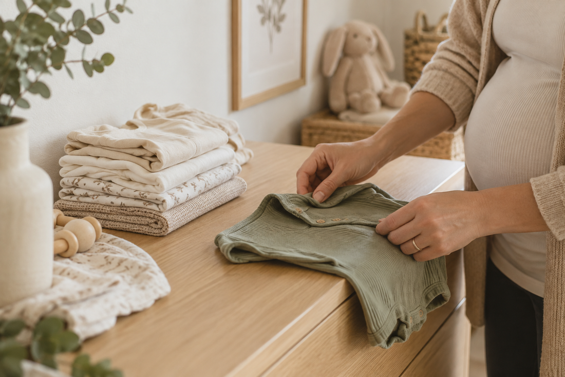 Expectant parent folding baby clothing on a nursery dresser; illustrative scene.